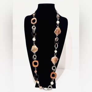 CHICO’s Long Silver Large Linked Brown Gemstone & Wood Station Necklace